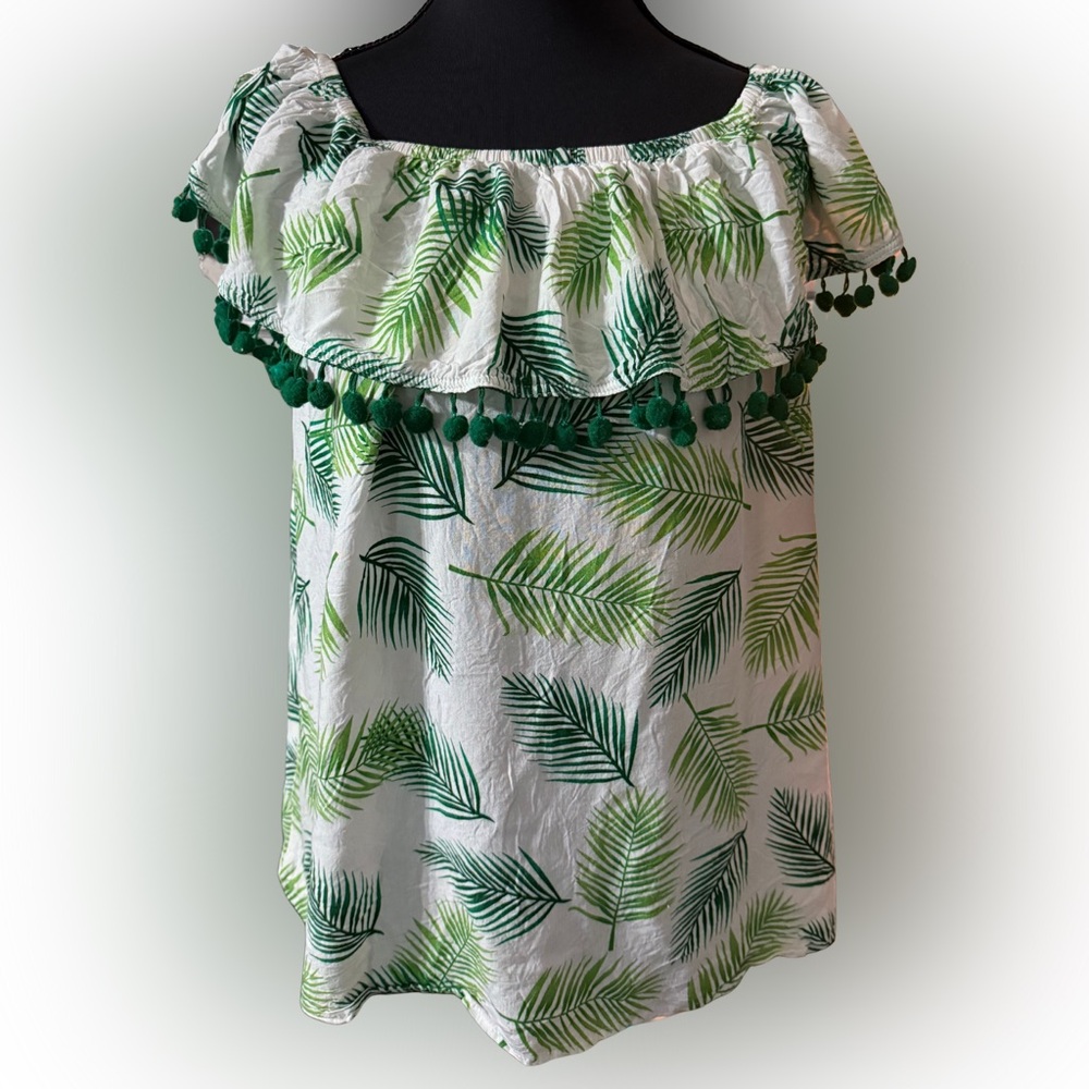 Kori Green Leaf‎ Print Blouse with Pom-Pom Trim